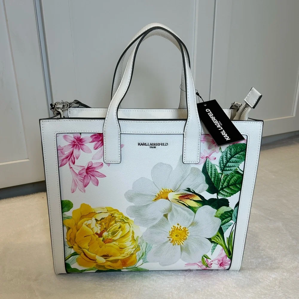 *New* Karl Lagerfeld Paris Floral Printed Tote Bag White Sunflower - Picture 4 of 17